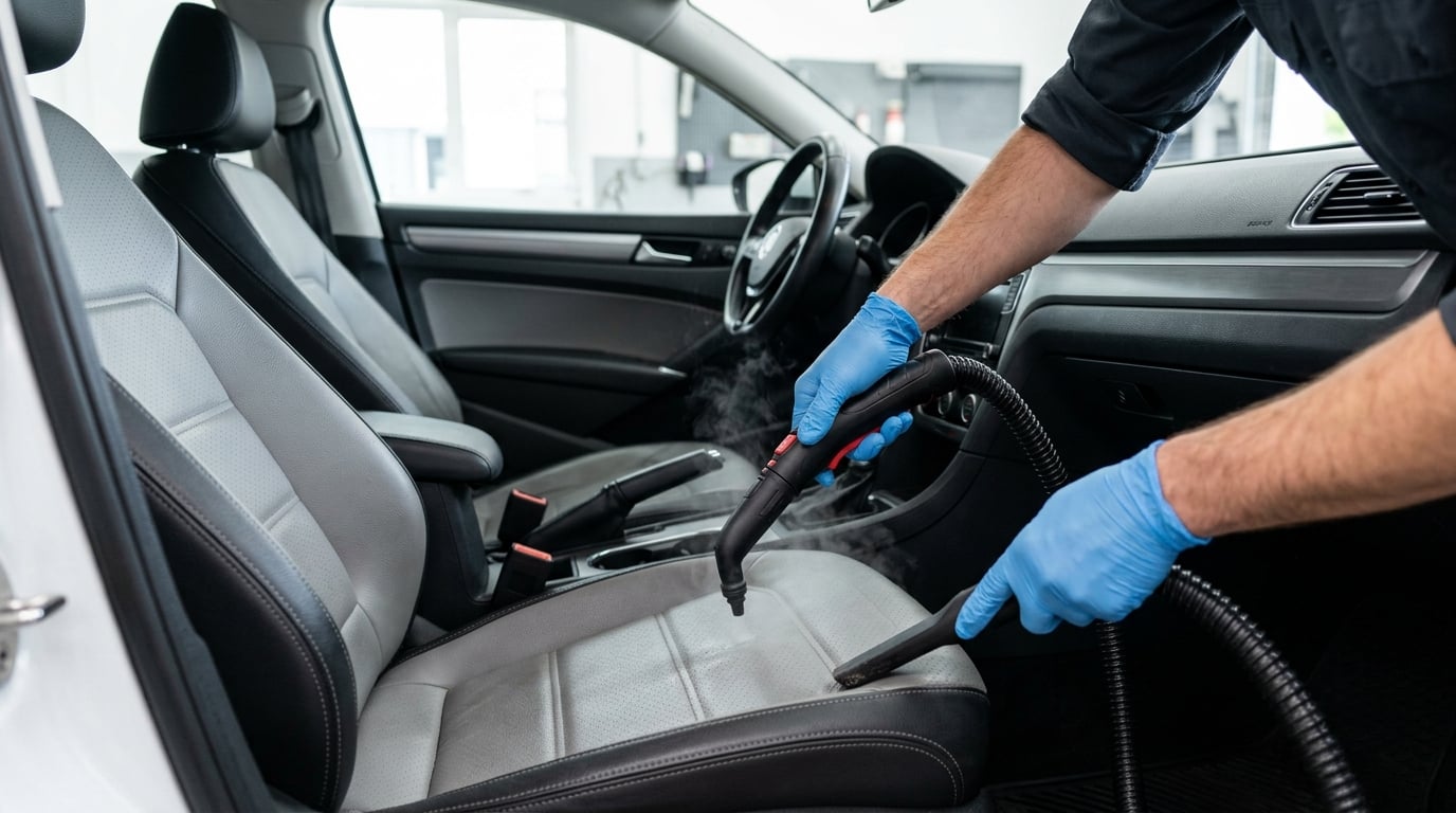 Detailer steam cleaning and vacuuming a car interior