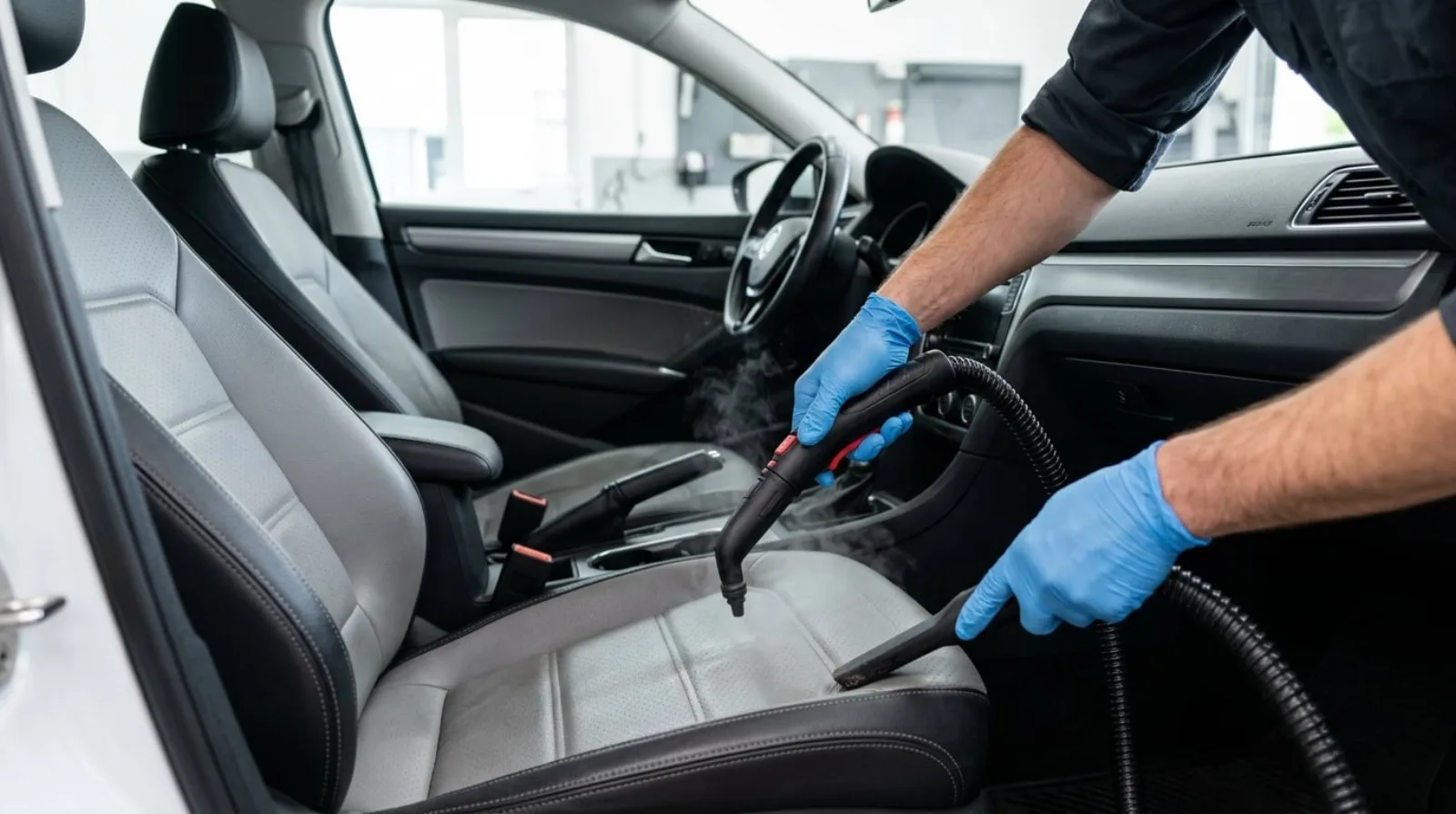 Detailer vacuuming and steam cleaning a vehicle interior during pet hair removal